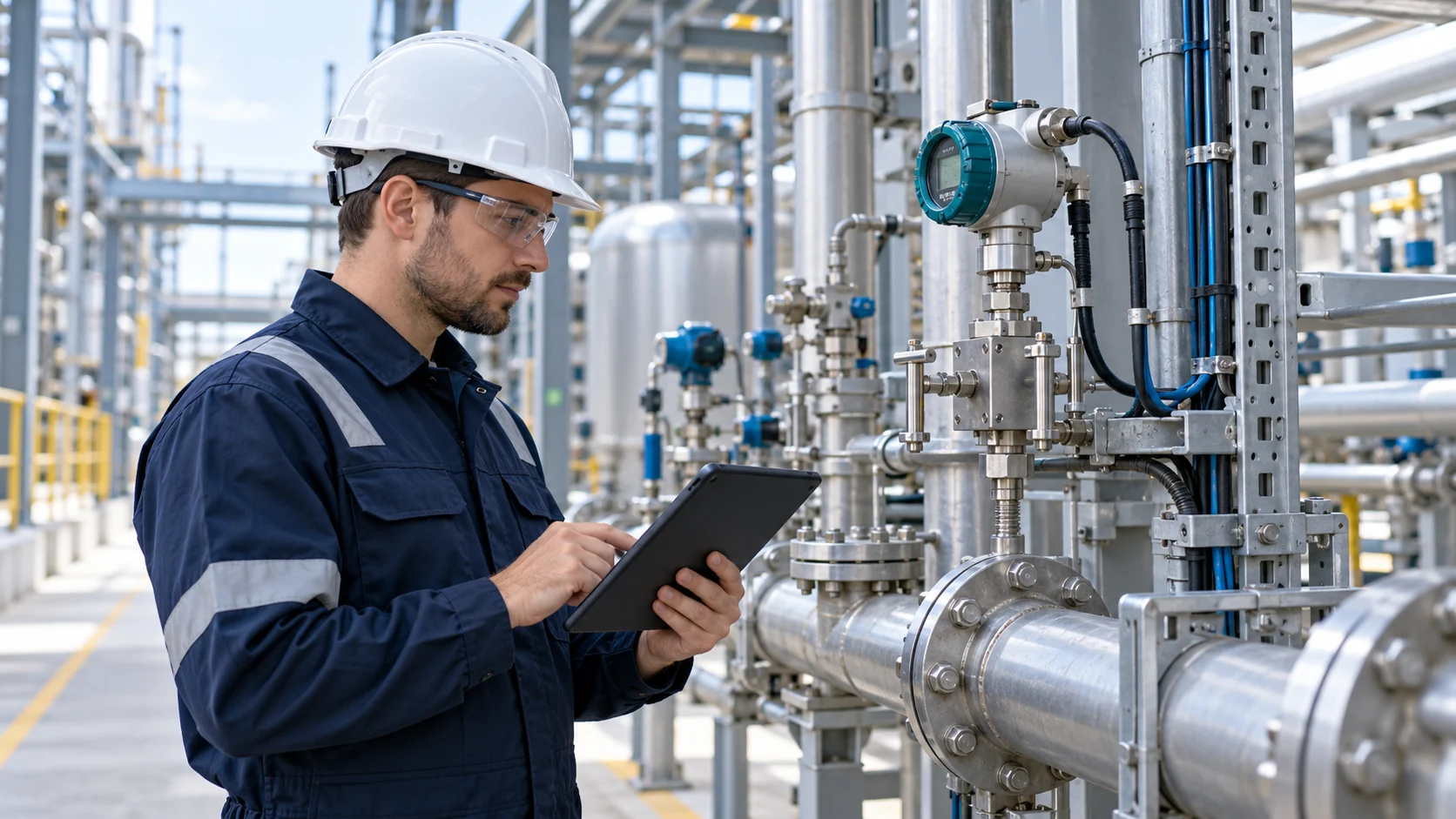 Engineer reviewing installed industrial instrumentation